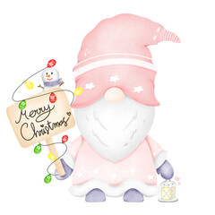 Watercolor Gnome Christmas cartoon holding a merry christmas sign with snowman PNG