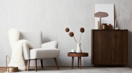 Fototapeta premium white interior of living room, cozy living room interior design with mock up poster frame, fluffy armchair, folding screen, coffee table, commode and personal accessories. Modern style. Template.