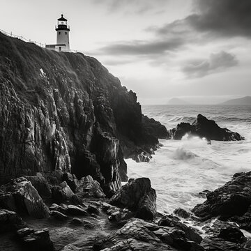 Fotografia en blanco y negro con detalle de acantilados con faro y olas de mar