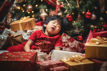 Fototapeta na wymiar Generative AI portrait of small funny child believe in santa claus waiting christmas gifts presents