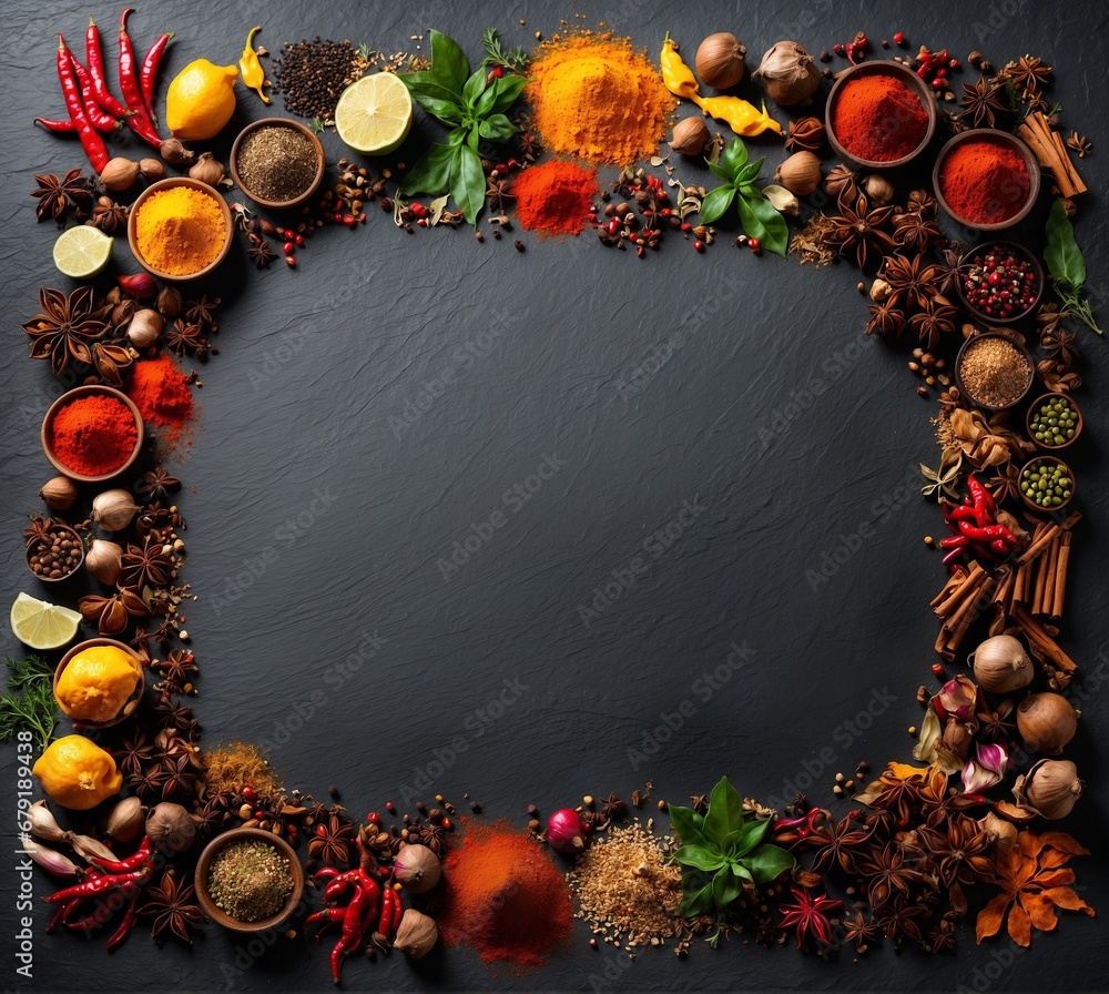 Poster frame of spices and herbs on black background. top view with copy space