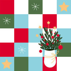 Christmas and New Year Holiday quilt vector seamless background, patchwork pattern with simple shapes, festive bouquet in a vase, stars, decoration and snowflakes. - obrazy, fototapety, plakaty