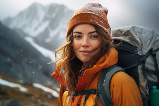 Happy young woman wearing warm winter hiking clothes climbing high peak mountain Generative AI picture