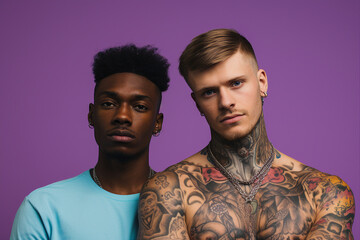 Obraz premium Hot handsome tattooed guy man faceart bodyart concert Generative AI