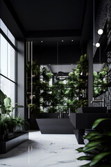 Interior of bathroom in black colors with black bath and green decorative plants in modern house.