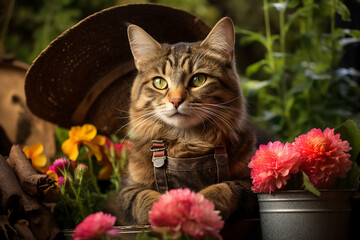 Generative AI picture of fluffy cat pet nature autumn farm garden flowers colorful image