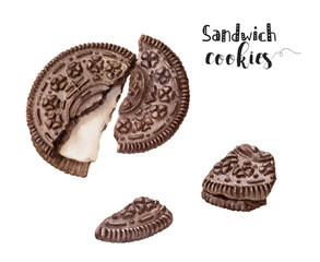 Watercolor illustration of sandwich cookies dessert close up. Design template for packaging, menu, postcards.