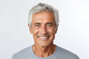 Portrait of handsome man with bright smile veneers after dentist isolated on white background