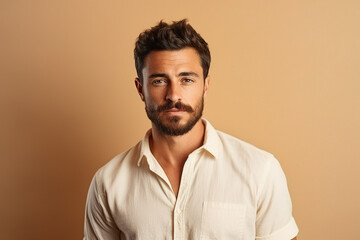 Fototapeta premium Generative AI portrait of a very handsome brown hair man isolated on beige background