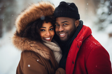 Generative AI portrait of a cheerful beautiful sweet couple cuddling and enjoying romantic feelings on winter snowy day outdoor - obrazy, fototapety, plakaty