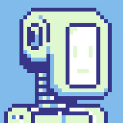 Robot head pixel art cartoon character avatar profile picture, futuristic cyborg. Flat style. Game assets. 8-bit. Vector background. Design for logo, sticker, app.