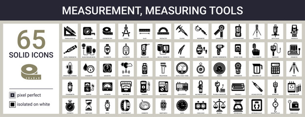 Measurement, measuring tools icon set in solid style - obrazy, fototapety, plakaty