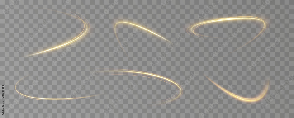 Aufkleber Golden glowing swirl. The effect of moving at the speed of light. Easy trail. Shiny wavy path. Vector.Neon light.	