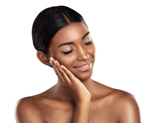 Hands, skincare and happy woman with makeup glow on isolated, transparent or png background. Beauty, shine and female model with dermatology treatment results or luxury, cosmetics or pamper routine