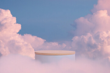 Minimal podium table top in outdoor on blue sky pink pastel soft cloud background.Beauty cosmetic...