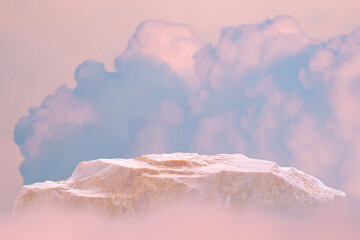 Surreal stone podium table top in outdoor on blue sky gold pink pastel soft cloud background.Beauty...