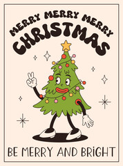 Groovy retro Christmas posters. Santa claus, christmas tree, ball, hot cocoa, present in trendy vintage cartoon style. Retro characters in 50s, 60s, 70s animation style