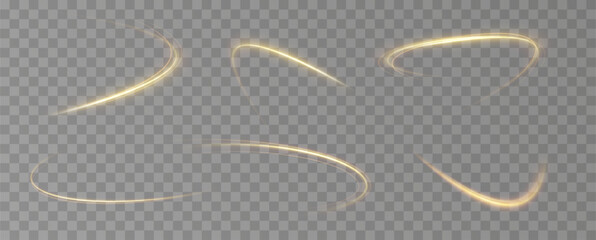 Golden glowing swirl. The effect of moving at the speed of light. Easy trail. Shiny wavy path. Vector.Neon light.  © blagorodez