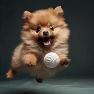Fotografia con detalle de peque&ntilde;o cahorro de simpatico perro corriendo detras de una pelota