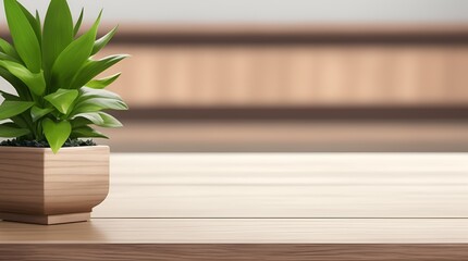 Wooden table, Complemented by a vibrant potted plant blurred background. Trendy modern background for presentation