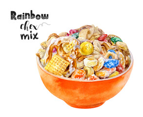 Watercolor illustration of rainbow chex mix bowl close up. Design template for packaging, menu, postcards.