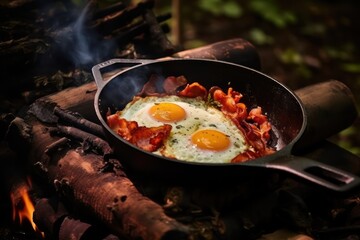 Breakfast in forest camp, fried eggs on fire. Generative AI