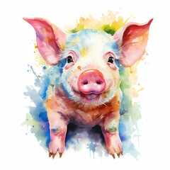 Colorful pig character, funny watercolor illustration.