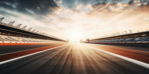 Fotobehang F1 race track circuit road with motion blur and grandstand stadium for Formula One racing © Summit Art Creations