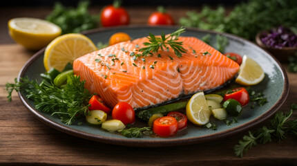 Fresh salmon steak with vegetables and herbs on a wooden background