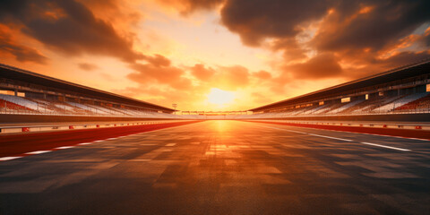 F1 race track circuit road with motion blur and grandstand stadium for Formula One racing - obrazy, fototapety, plakaty