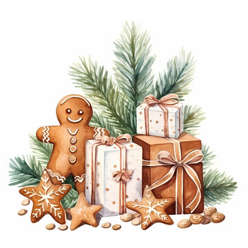 christmas, gingerbread, gifts, character, gingerbread people, funny, watercolor, illustration, xmas, december, celebration, season, aquarelle, decoration, isolated