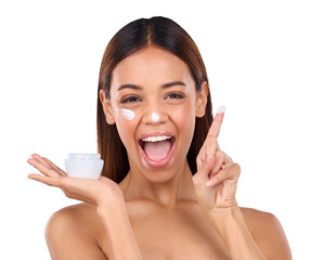 Portrait, excited and woman with cream, beauty and skincare isolated on transparent background....