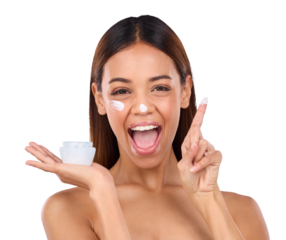 Portrait, excited and woman with cream, beauty and skincare isolated on transparent background. Face, person and model with container, moisturizer creme, cosmetics and shine with glow, png or smile