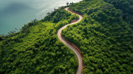 view of highway in the mountains, Top view of countryside road passing through the green forrest and mountain