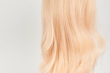 Fototapeta premium Natural looking shiny hair, fair blonde curls isolated on white background with copy space
