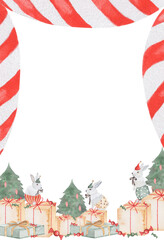 Obraz premium Watercolor Christmas card with cute bunnies and gift boxes. Frame with rabbits template on a white background for holiday cards and invitations