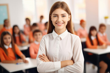 Smiling young teacher in a class
