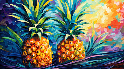 Hand drawn cartoon art abstract van Gogh style impressionist pineapple fruit illustration background material
 - obrazy, fototapety, plakaty