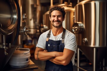portrait of smiling 30 year old handsome male brewer in brewery, generated ai
