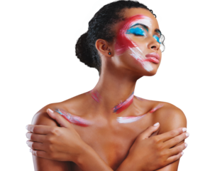 Woman, art and paint for makeup or creative abstract design for cosmetic, splash or isolated on transparent png background. Female person, face as unique color or expression, inspiration or editorial