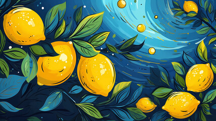 Hand drawn cartoon art abstract van Gogh style impressionist lemon fruit illustration background material
 - obrazy, fototapety, plakaty