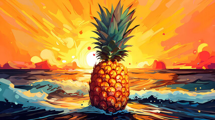 Hand drawn cartoon art abstract van Gogh style impressionist pineapple fruit illustration background material
 - obrazy, fototapety, plakaty