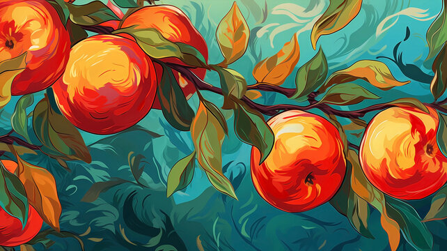 Hand drawn cartoon art abstract van Gogh style impressionist apple fruit illustration background material

