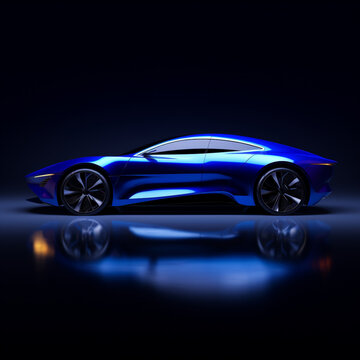 Fotografia con detalle de dise&ntilde;o de vehiculo superdeportivo futurista de color azul cobalto