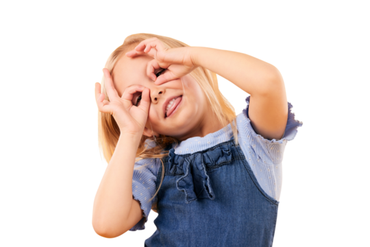 Girl child, fun and hand glasses for playing, free and funny gesture isolated on png transparent background. Finger, frame and kid with silly expression, mood or personality with playful or games