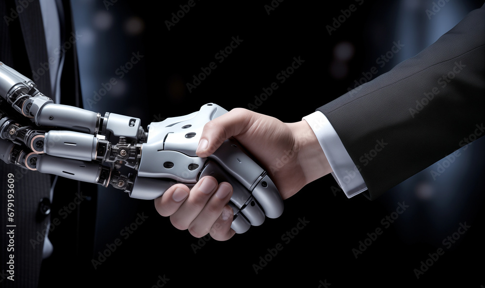 Poster man shaking hands with a robot on a white background close-up of a handshake.
