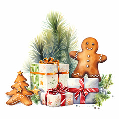 christmas, gingerbread, gifts, character, gingerbread people, funny, watercolor, illustration, xmas, december, celebration, season, aquarelle, decoration, isolated