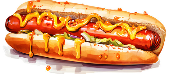 Delicious hotdog Watercolor illustration isolated on white background - obrazy, fototapety, plakaty