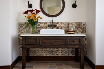 spanish revival styled vanity with pattern-tiled backsplash