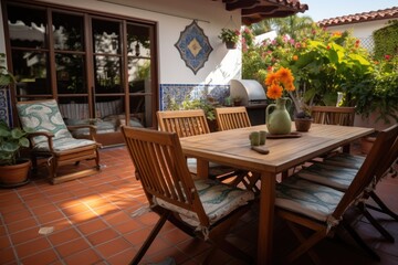 spanish style tile tabletop in an outdoor seating area